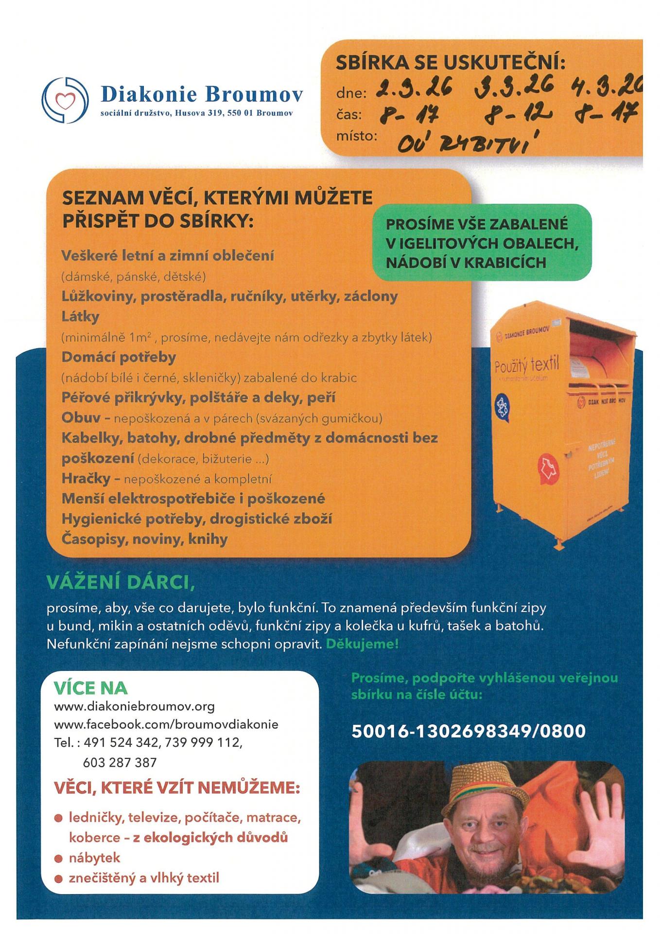 Sbírka Diakonie Broumov březen 2026