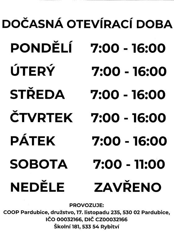 COOP Rybitví - změna otevírací doby od 1. 10. 2026