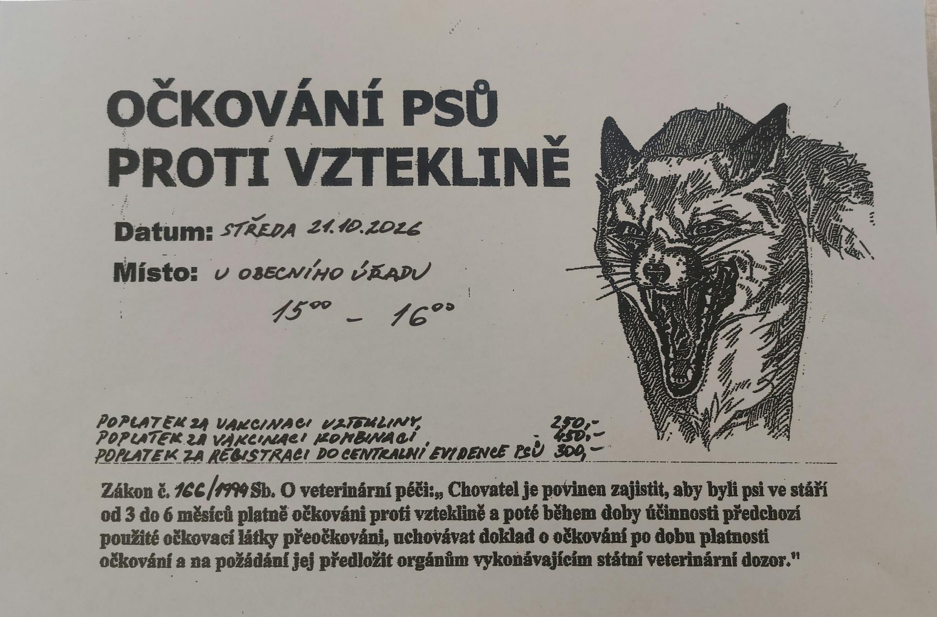 Očkování psů proti vzteklině 21. 10. 2026